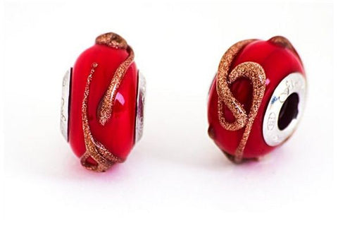 Scarlet Waves of Copper Murano Glass Bead- Fiora Italian Charms